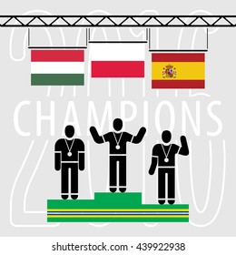 Champions on the Podium Sport Composition - Three Black Winners Silhouettes Green Podium and National Flags on Grey Background with Text - Poland Hungary Spain Infographic Style