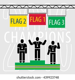 Champions on the Podium Sport Composition - Three Black Winners Silhouettes Green Podium and National Flags on Grey Background with Text - 1 2 3 Flags Infographic Style