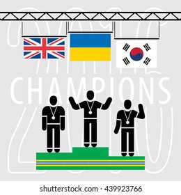 Champions on the Podium Sport Composition - Three Black Winners Silhouettes Green Podium and National Flags on Grey Background with Text - Ukraine UK South Korea Infographic Style