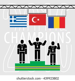 Champions on the Podium Sport Composition - Three Black Winners Silhouettes Green Podium and National Flags on Grey Background with Text - Turkey Greece Romania Infographic Style