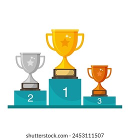 Champions' podium featuring trophies. Prizes include gold, silver, and bronze cups flat vector illustration