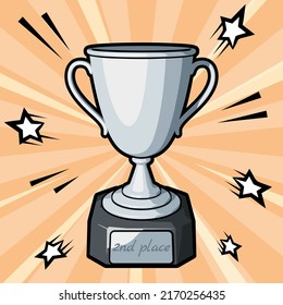 Champions silver cup or trophy cup with text on silver plate 2nd Place. Second place at the competition. Vector illustration in comic cartoon style