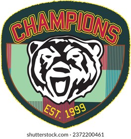 CHAMPIONS SPORTY GRAPHIC DESIGN WITH ROAR LION AND SHIELD ESTABLISHED IN 1999 VECTOR ILLUSTRATION