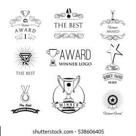 Champions trophy badges set. cup, meadal, ribbon vector. Award Symbol Vector Illustration Isolated On White Background