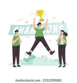 Championship celebration, teamwork get trophy flat illustration