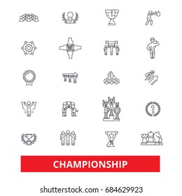 Championship, champion, winner, athlete, professional, competition, winning line icons. Editable strokes 