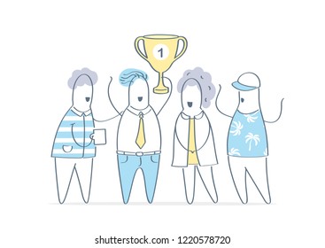 Championship cup, cartoon business team with golden cup, celebration of victory, success, luck, competition, good teamwork. Flat outline business concept on white.