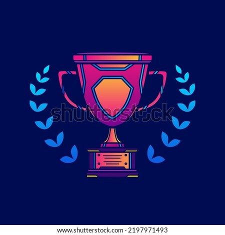 Championship cup neon cyberpunk logo fiction colorful design with dark background. Abstract t-shirt vector illustration.