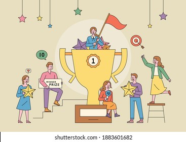 The championship cup and people. The winner is waving the flag in the big championship cup. People are collecting stars. flat design style minimal vector illustration.