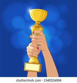Championship cup in woman hand, vector illustration