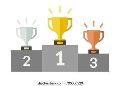 Championship cups flat icons. Banner with golden, silver and bronze cups.