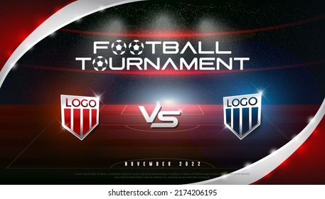 championship football cup flag and stadium  background. soccer tournament scoreboard match vs strategy broadcast graphic template