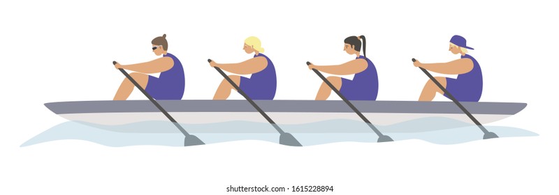 Championship Games Sports Types Flat Vector Illustration. Dual, Team Rowing, Water Sports Variety Concept. A Team Of People Row In A Boat, Kayaking And Canoeing Sport