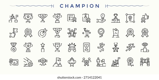 Championship icon pack. Includes thin line symbols win, champion, certificate, winner, rank, trophy, success. Minimalist icons collection. Editable vector illustration. Win icon set.