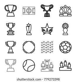 Championship icons. set of 16 editable outline championship icons such as ranking, trophy, hoop, 1st place star, fotball, tennis ball, field