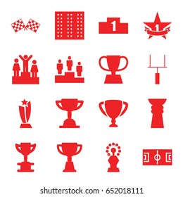 Championship icons set. set of 16 championship filled icons such as field, trophy, finish flag, ranking, 1st place star, goal post