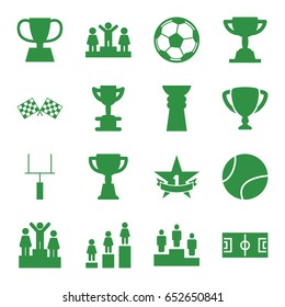 Championship icons set. set of 16 championship filled icons such as ranking, trophy, finish flag, 1st place star, goal post, fotball, tennis ball