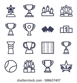 championship icons set. Set of 16 championship outline icons such as field, ranking, trophy, finish flag, 1st place star, tennis ball