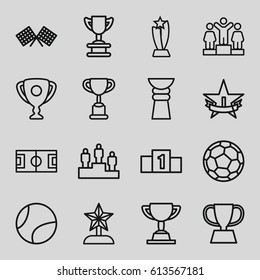 Championship icons set. set of 16 championship outline icons such as ranking, trophy, finish flag, 1st place star, fotball, tennis ball, star trophy