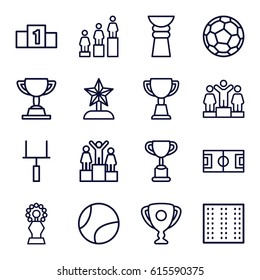Championship icons set. set of 16 championship outline icons such as field, ranking, trophy, goal post, fotball, tennis ball, star trophy