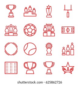 Championship icons set. set of 16 championship outline icons such as field, ranking, trophy, 1st place star, goal post, fotball, tennis ball, football pitch