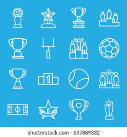 Championship icons set. set of 16 championship outline icons such as ranking, trophy, 1st place star, goal post, fotball, tennis ball, star trophy