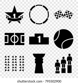 Championship icons. set of 9 editable filled championship icons such as finish flag, 1st place star, tennis ball, ranking, trophy, field, football pitch