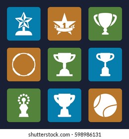 championship icons set. Set of 9 championship filled icons such as 1st place star, tennis ball, trophy, star trophy