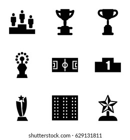 Championship icons set. set of 9 championship filled icons such as field, ranking, trophy, star trophy