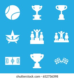 Championship icons set. set of 9 championship filled icons such as ranking, finish flag, 1st place star, tennis ball, trophy