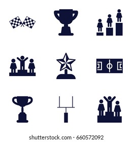 Championship icons set. set of 9 championship filled icons such as ranking, finish flag, goal post, trophy, star trophy