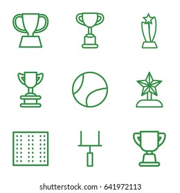 Championship icons set. set of 9 championship outline icons such as field, trophy, goal post, tennis ball