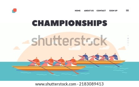 Championship Landing Page Template. Rowing Competitions, Sport. Athletes Swim On Canoe or Kayak Boats, Two Teams of Men Athletes Rowing Water Games Tournament. Cartoon Vector Illustration