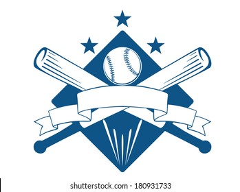 Championship or league baseball emblem logo with a blank wavy ribbon banner with copyspace over crossed bats and a ball superimposed on a diamond with stars, blue and white