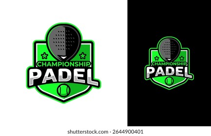 Championship padel logo design. Sport symbol with racket, ball, and star icon. Badge logo template