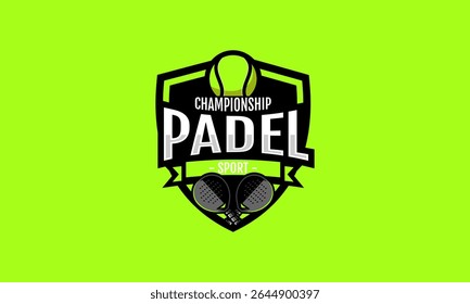 Championship padel sport logo design. Symbol with shield, racket, and ball icon for sport tournament. Tennis vector template