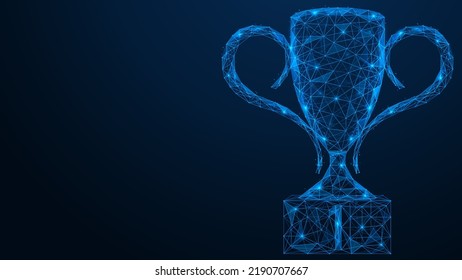 Championship prize cup for the first place. Low-poly design of interconnected lines and dots. Blue background.