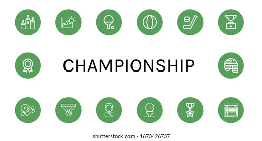 championship simple icons set. Contains such icons as Rank, Achievement, Ping pong, Ball, Hockey, Trophy, Pool kickboard, Medal, Soccer player, can be used for web, mobile and logo
