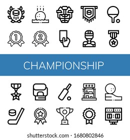 championship simple icons set. Contains such icons as Hockey, Gold medal, Golf ball, Silver medal, Hockey helmet, Red card, Puck, Hockey player, can be used for web, mobile and logo