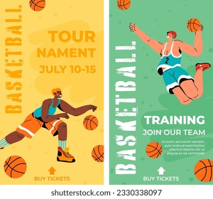 Championship or tournament, basketball challenge for players. Banners or advertisements with information about date and place. Buy tickets and watch game in stadium. Vector in flat style illustration