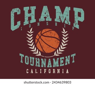 Torneo de campeonato California Vintage universitario universitario de la liga de baloncesto de impresión con textura grunge para camiseta gráfica o sudadera con capucha - Vector 