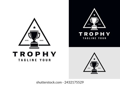 Championship Trophy with Simple Triangle Label Design behind Trophy, Winning Symbol Award Place icon on Dark and White Background