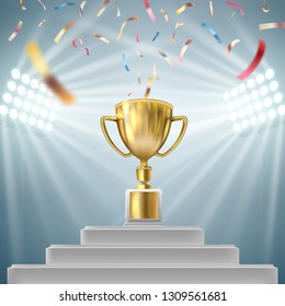 Championship trophy surrounded by falling confetti. 3d realistic vector golden cup isolated on white background. Sports tournament award.