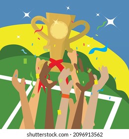 championship vector illustration concept. trophy, field, hands, blitz , light, green grass vector illustration.