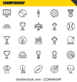 conjunto de iconos de línea vectorial de campeonato. marcador, camiseta de fútbol e iconos de trofeo. Diseño delgado de línea. Elementos gráficos de contorno modernos, símbolos de trazo simple ilustración de fondo