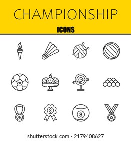 championship vector line icons set. torch, badminton and ball Icons. Thin line design. Modern outline graphic elements, simple stroke symbols stock illustration