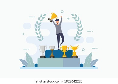 Championship winner pride with win and get trophy design concept vector illustration