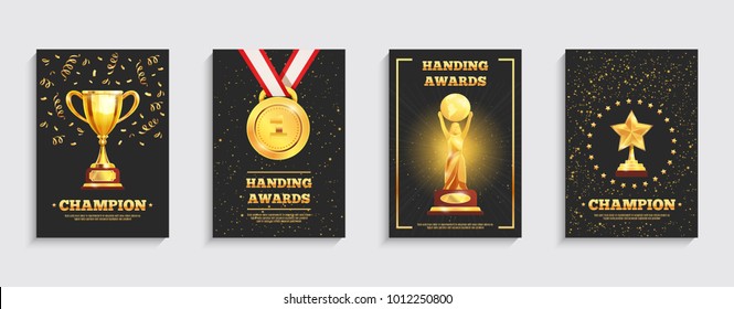 Championship winner trophy gold medal award symbol  4 realistic festive black background posters collection isolated vector illustration 