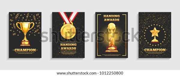 Championship winner trophy gold medal award symbol  4\
realistic festive black background posters collection isolated\
vector illustration\

