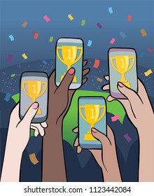 Championship winners - Multiracial people having fun celebrating the game winner. Sports and technology. Hands holding smartphones with victory cup on screen.